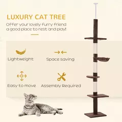 PawHut Floor to Ceiling Cat Tree 230-260cm Height Adjustable, 5-Tier Cat Tower with Scratching Posts, Hammock, Perches, Climbing Activity Centre for Indoor Kittens Playing and Relaxing, Brown - 4