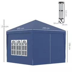 Outsunny 3 x 3 m Garden Pop Up Gazebo, Wedding Party Tent Marquee, Water Resistant Awning Canopy with Sidewalls, Windows, Carry Bag, Blue - 3