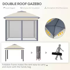 Outsunny 3.3 x 3.3m Pop Up Gazebo, Double Roof Foldable Canopy Tent with Zipped Mesh Sidewalls, Height Adjustable and Carrying Bag, Event Tent for Patio Garden, Beige - 4