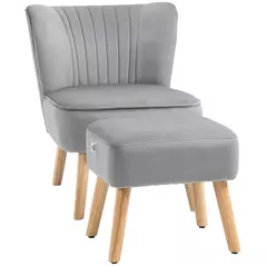 HOMCOM Velvet Accent Chair Occasional Tub Seat Padding Curved Back with Ottoman Wood Frame Legs Home Furniture Light Grey - 1