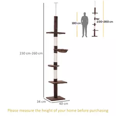PawHut Floor to Ceiling Cat Tree 230-260cm Height Adjustable, 5-Tier Cat Tower with Scratching Posts, Hammock, Perches, Climbing Activity Centre for Indoor Kittens Playing and Relaxing, Brown - 3