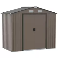 Outsunny 7 x 4ft Metal Garden Shed, Outdoor Storage Tool House with Ventilation Slots, Foundation Kit and Lockable Double Doors, Brown - 1