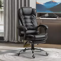 HOMCOM Executive Office Chair, PU Leather Home Office Chair with Swivel Wheels, Reclining Backrest, Retractable Footrest, Black - 2