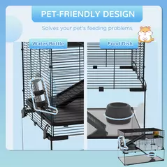 PawHut 3 Tiers Hamster Cage, Gerbil Cage with Deep Glass Bottom, Non-Slip Ramps, Platforms, Hut, Exercise Wheels, Water Bottle, Dish, for Syrian Hamster, Dwarf Hamster, 76.5 x 48.5 x 54.5cm - 5
