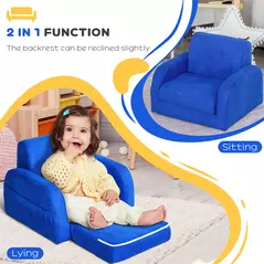 HOMCOM 2 In 1 Kids Armchair Sofa Bed Fold Out Padded Wood Frame Bedroom Blue - 5