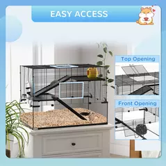 PawHut 3 Tiers Hamster Cage, Gerbil Cage with Deep Glass Bottom, Non-Slip Ramps, Platforms, Hut, Exercise Wheels, Water Bottle, Dish, for Syrian Hamster, Dwarf Hamster, 76.5 x 48.5 x 54.5cm - 7