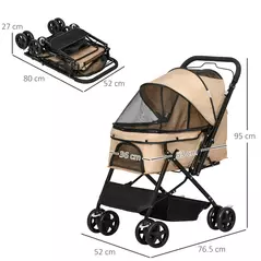 PawHut Pet Stroller Pushchair Foldable Travel Dog Cat Carriage w/ Reversible Handle Brake Basket - 3