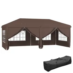 Outsunny 3 x 6 m Pop Up Gazebo with Sides and Windows, Height Adjustable Wedding Camping Party Tent Canopy Marquee with Storage Bag for Garden, Event, Brown - 1