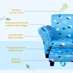 HOMCOM Toddler Chair Children's Armchairs Wood Frame w/ Footrest Anti-Slip Legs High Back Arms for Bedroom Playroom Cute Cloud Star Blue - 7