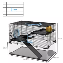 PawHut 3 Tiers Hamster Cage, Gerbil Cage with Deep Glass Bottom, Non-Slip Ramps, Platforms, Hut, Exercise Wheels, Water Bottle, Dish, for Syrian Hamster, Dwarf Hamster, 76.5 x 48.5 x 54.5cm - 3