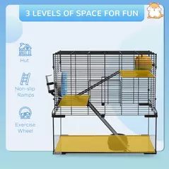 PawHut 3 Tiers Hamster Cage, Gerbil Cage with Deep Glass Bottom, Non-Slip Ramps, Platforms, Hut, Exercise Wheels, Water Bottle, Dish, for Syrian Hamster, Dwarf Hamster, 60 x 40 x 54.5cm - 4