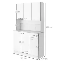 HOMCOM Kitchen Cupboard, Freestanding Kitchen Storage Cabinet with 6 Doors, Drawer, Adjustable Shelves and Open Countertop for Dining Room, White - 3
