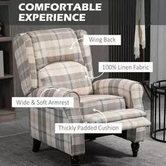 HOMCOM Wingback Recliner Armchair for Living Room, Pushback Reclining Chair with Round Armrests, Footrest and Rubber Wood Legs, Khaki - 5