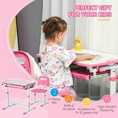 HOMCOM Kids Desk and Chair Set, Student Adjustable Writing Desk, with Drawer, Pen Slot, Hook - Pink - 4