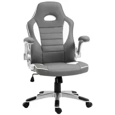 Vinsetto Computer Gaming Chair, Office Desk Swivel Chair, PU Leather Racing Chair with 90° Flip-up Armrest, Adjustable Height and Rolling Wheels, Grey - 1