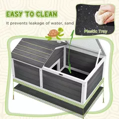 PawHut Wooden Tortoise House, Small Pet Reptile Shelter, with Hide Den and Run - Grey - 6