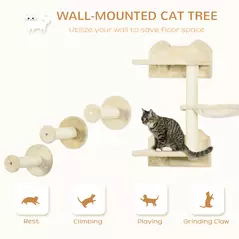 PawHut 4 Piece Cat Shelf with Scratching Post, Wall-Mounted Cat Tree for Indoor Cat - Beige - 4