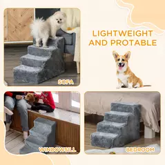 PawHut Four-Step Dog Stairs, with Washable Plush Cover, for High Bed Sofa, Dog Stairs for Small Dog and Cat - Light Grey - 7