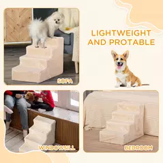 PawHut Four-Step Dog Stairs, with Washable Plush Cover, for High Bed Sofa, Dog Stairs for Small Dog and Cat - Beige - 7