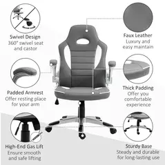 Vinsetto Computer Gaming Chair, Office Desk Swivel Chair, PU Leather Racing Chair with 90° Flip-up Armrest, Adjustable Height and Rolling Wheels, Grey - 7