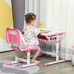HOMCOM Kids Desk and Chair Set, Student Adjustable Writing Desk, with Drawer, Pen Slot, Hook - Pink - 2