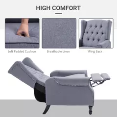 HOMCOM Recliner Armchair, Vintage Reclining Chair with Nail Head Trim, Wingback Chair with Button Tufted Back and Footrest, for Living Room, Grey - 5