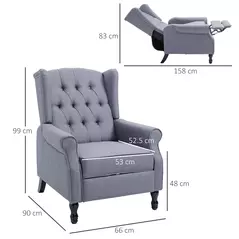 HOMCOM Recliner Armchair, Vintage Reclining Chair with Nail Head Trim, Wingback Chair with Button Tufted Back and Footrest, for Living Room, Grey - 3