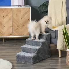 PawHut Four-Step Dog Stairs, with Washable Plush Cover, for High Bed Sofa, Dog Stairs for Small Dog and Cat - Light Grey - 2