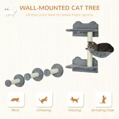 PawHut 4 Piece Cat Shelf with Scratching Post, Wall-Mounted Cat Tree for Indoor Cat - Grey - 4