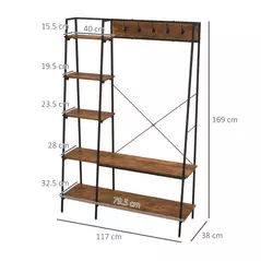 HOMCOM Clothes Rail, Metal Clothes Rack with Shoe Rack, 5 Tier Storage Shelves, 5 Side Hooks, Coat Stand for Bedroom, Living Room, Hallway, Rustic Brown and Black - 3