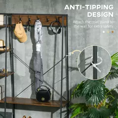 HOMCOM Clothes Rail, Metal Clothes Rack with Shoe Rack, 5 Tier Storage Shelves, 5 Side Hooks, Coat Stand for Bedroom, Living Room, Hallway, Rustic Brown and Black - 6