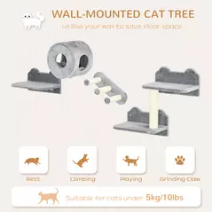 PawHut 4PCs Wall-Mounted Cat Tree, with Steps, Perch, Cat House - Grey - 4