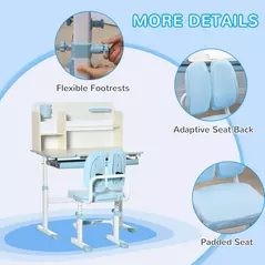 HOMCOM Kids Desk and Chair Set, with Storage Shelves, Washable Cover, for Ages 3-12 Years - Blue - 7