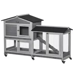 PawHut Wooden Rabbit Hutch, Guinea Pig Cage, with Wheels, Run, Slide-Out Tray, Ramp - 1
