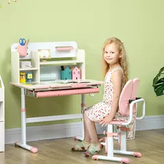 HOMCOM Kids Desk and Chair Set, with Storage Shelves, Washable Cover, for Ages 3-12 Years - Pink - 2