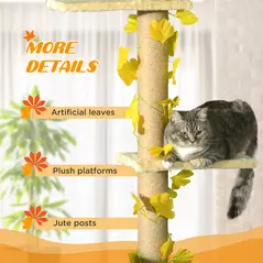 PawHut 242cm Adjustable Floor-To-Ceiling Cat Tree, with Artificial Decoration, Perches, Anti-Slip Kit - Yellow - 6