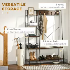 HOMCOM Clothes Rail, Metal Clothes Rack with Shoe Rack, 5 Tier Storage Shelves, 5 Side Hooks, Coat Stand for Bedroom, Living Room, Hallway, Rustic Brown and Black - 4
