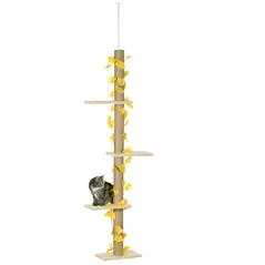 PawHut 242cm Adjustable Floor-To-Ceiling Cat Tree, with Artificial Decoration, Perches, Anti-Slip Kit - Yellow - 1
