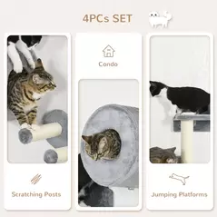 PawHut 4PCs Wall-Mounted Cat Tree, with Steps, Perch, Cat House - Grey - 5