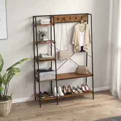 HOMCOM Clothes Rail, Metal Clothes Rack with Shoe Rack, 5 Tier Storage Shelves, 5 Side Hooks, Coat Stand for Bedroom, Living Room, Hallway, Rustic Brown and Black - 2