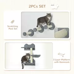 PawHut 4 Piece Cat Shelf with Scratching Post, Wall-Mounted Cat Tree for Indoor Cat - Grey - 5