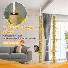PawHut 242cm Adjustable Floor-To-Ceiling Cat Tree, with Artificial Decoration, Perches, Anti-Slip Kit - Yellow - 5