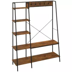 HOMCOM Clothes Rail, Metal Clothes Rack with Shoe Rack, 5 Tier Storage Shelves, 5 Side Hooks, Coat Stand for Bedroom, Living Room, Hallway, Rustic Brown and Black - 1