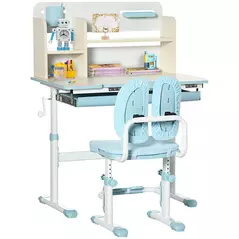 HOMCOM Kids Desk and Chair Set, with Storage Shelves, Washable Cover, for Ages 3-12 Years - Blue - 1
