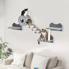 PawHut 4PCs Wall-Mounted Cat Tree, with Steps, Perch, Cat House - Grey - 2