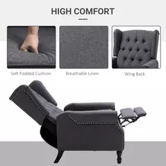 HOMCOM Recliner Armchair, Vintage Reclining Chair with Nail Head Trim, Wingback Chair with Button Tufted Back and Footrest, for Living Room, Dark Grey - 5