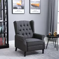 HOMCOM Recliner Armchair, Vintage Reclining Chair with Nail Head Trim, Wingback Chair with Button Tufted Back and Footrest, for Living Room, Dark Grey - 2