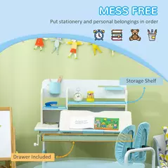 HOMCOM Kids Desk and Chair Set, with Storage Shelves, Washable Cover, for Ages 3-12 Years - Blue - 6