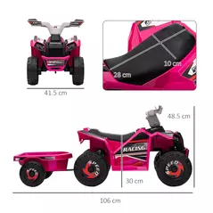 HOMCOM 6V Quad Bike with Back Trailer, Wear-Resistant Wheels, for Ages 18-36 Months, Pink - 3