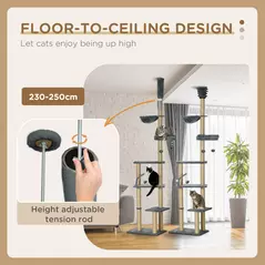 PawHut 230-250cm Floor-to-Ceiling Climbing Cat Tree Tower - Grey - 5